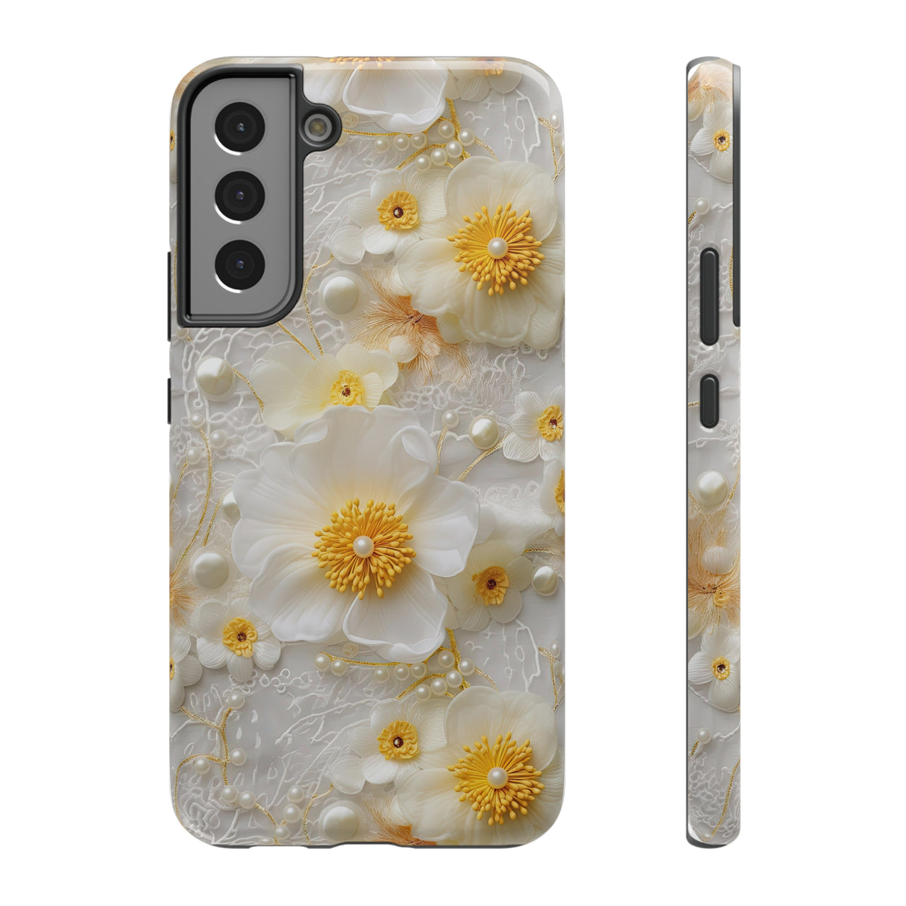 White and Yellow Floral Impact-Resistant Cases for Samsung Galaxy S22, Samsung Galaxy S22 Plus, and Samsung Galaxy S22 Ultra. Supports Wireless Charging.