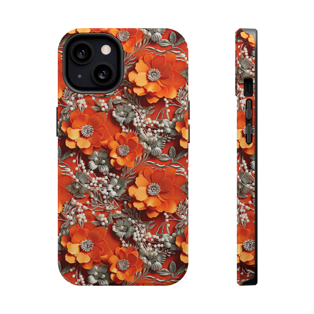 Orange Petals in Silver Tapestry MagSafe Tough Cases for iPhone 13, iPhone 13 Mini, iPhone 13 Pro, and iPhone 13 Pro Max.