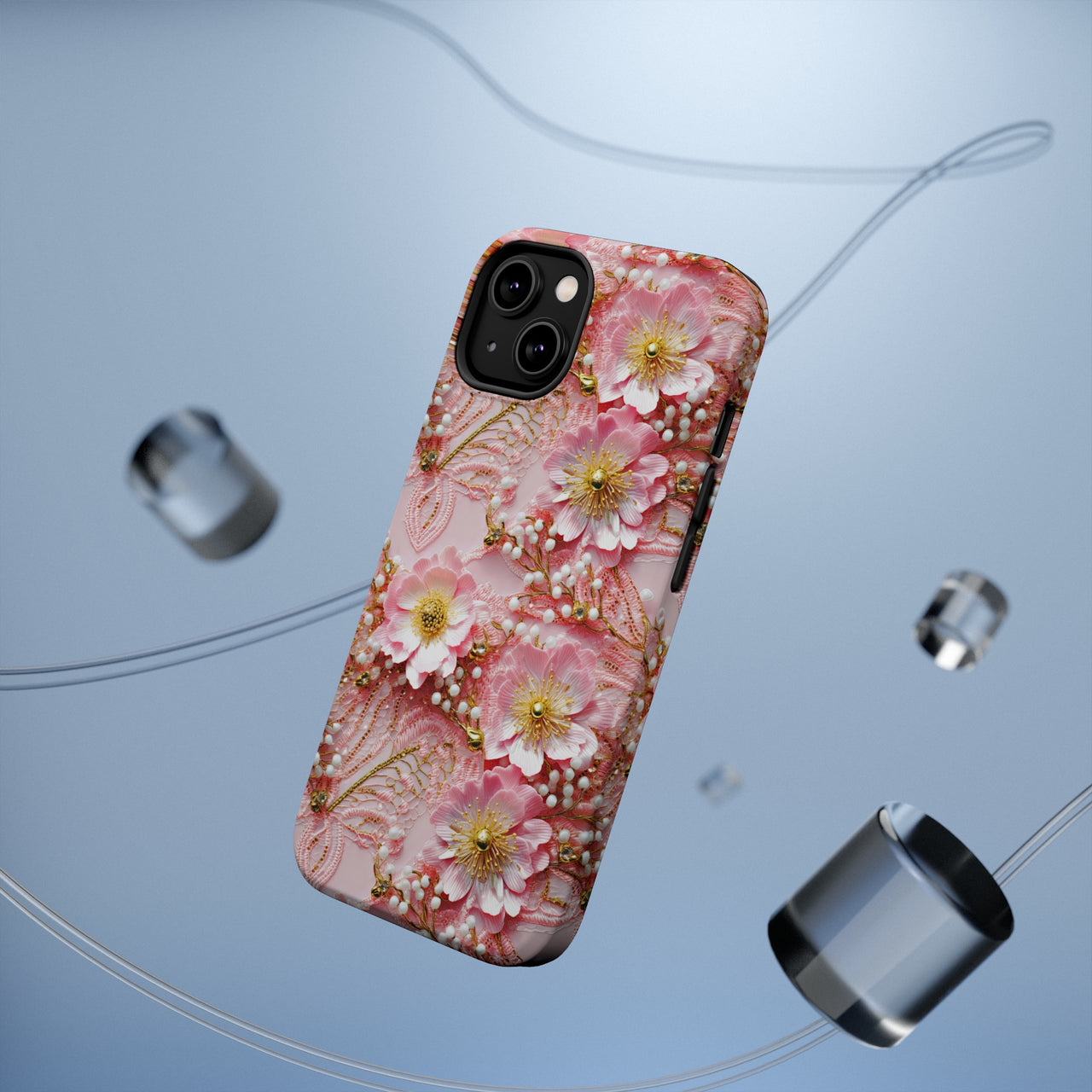 Gold-Kissed Flowers on Pink Lace - MagSafe Tough Case for iPhone 14, iPhone 14 Pro, iPhone 14 Plus, and iPhone 14 Pro Max