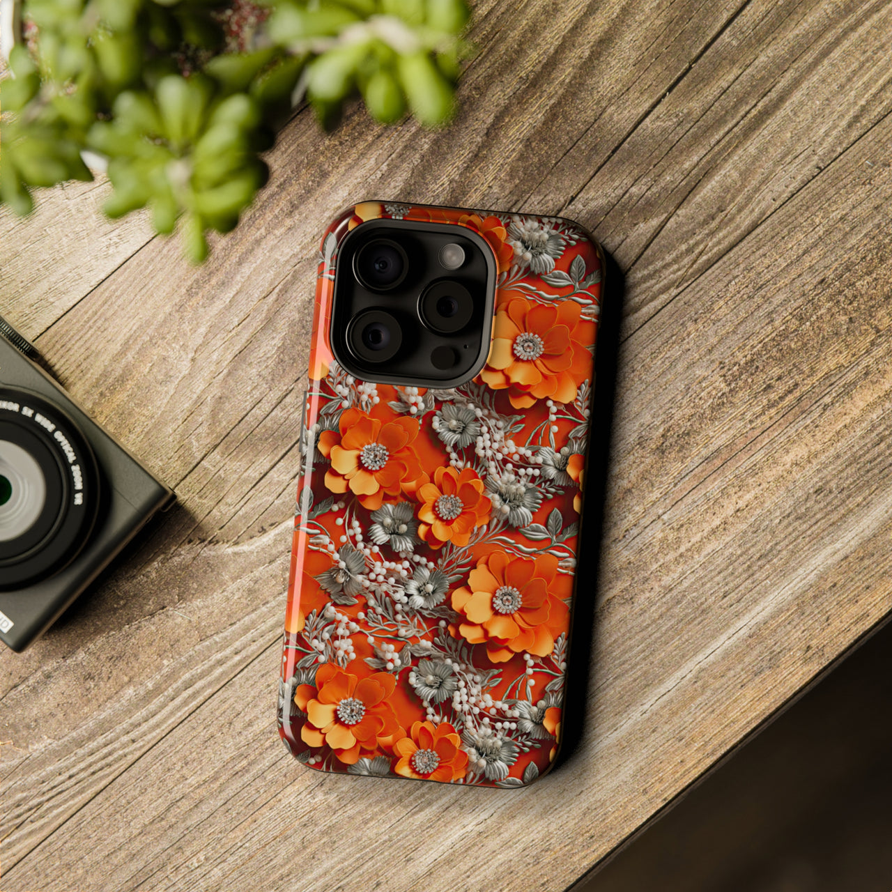 Orange Petals in Silver Tapestry - MagSafe Tough Case for iPhone 15, iPhone 15 Pro, iPhone 15 Plus, & iPhone 15 Pro Max