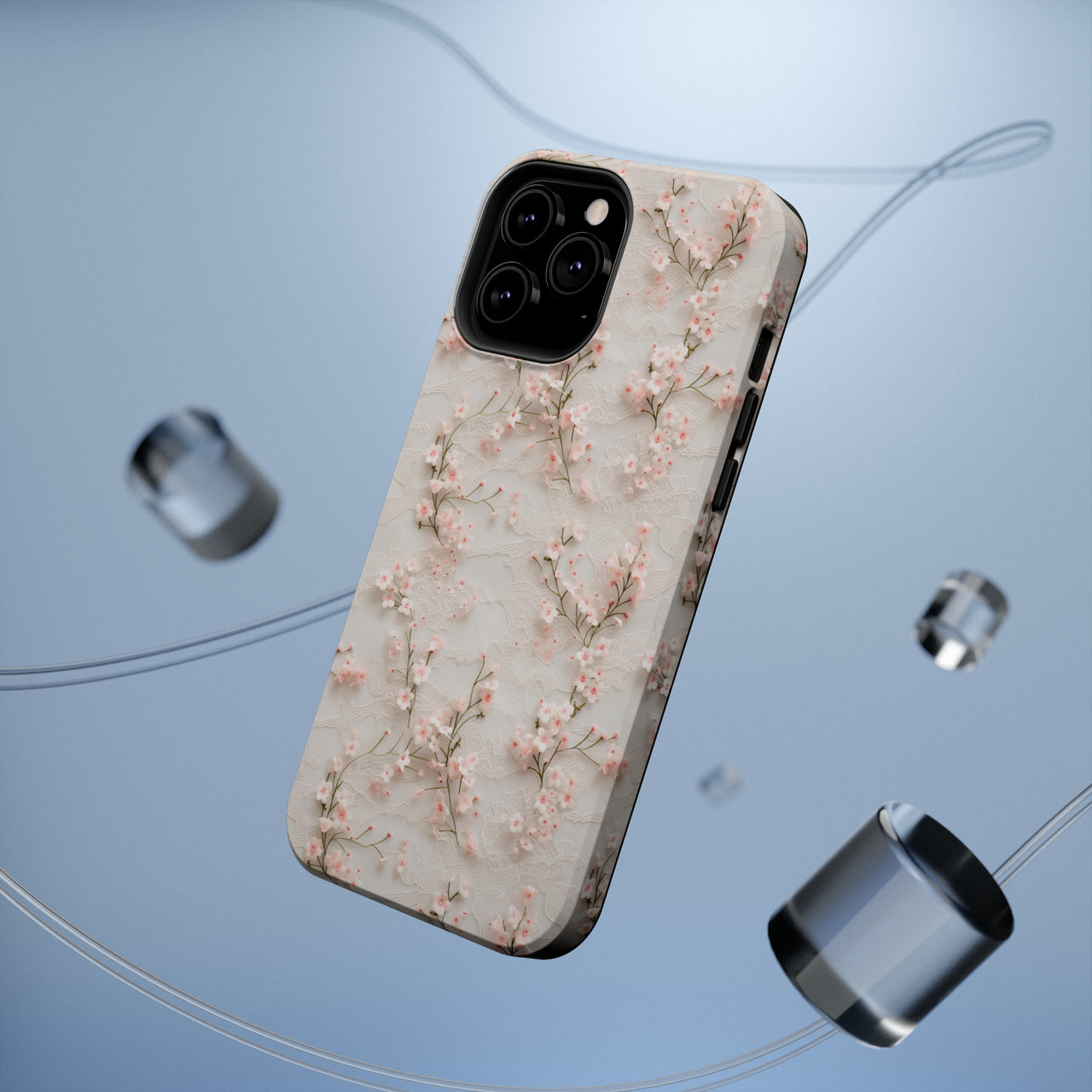 White Lace and Cherry Blossoms MagSafe Tough Cases for iPhone 13, iPhone 13 Mini, iPhone 13 Pro, and iPhone 13 Pro Max.