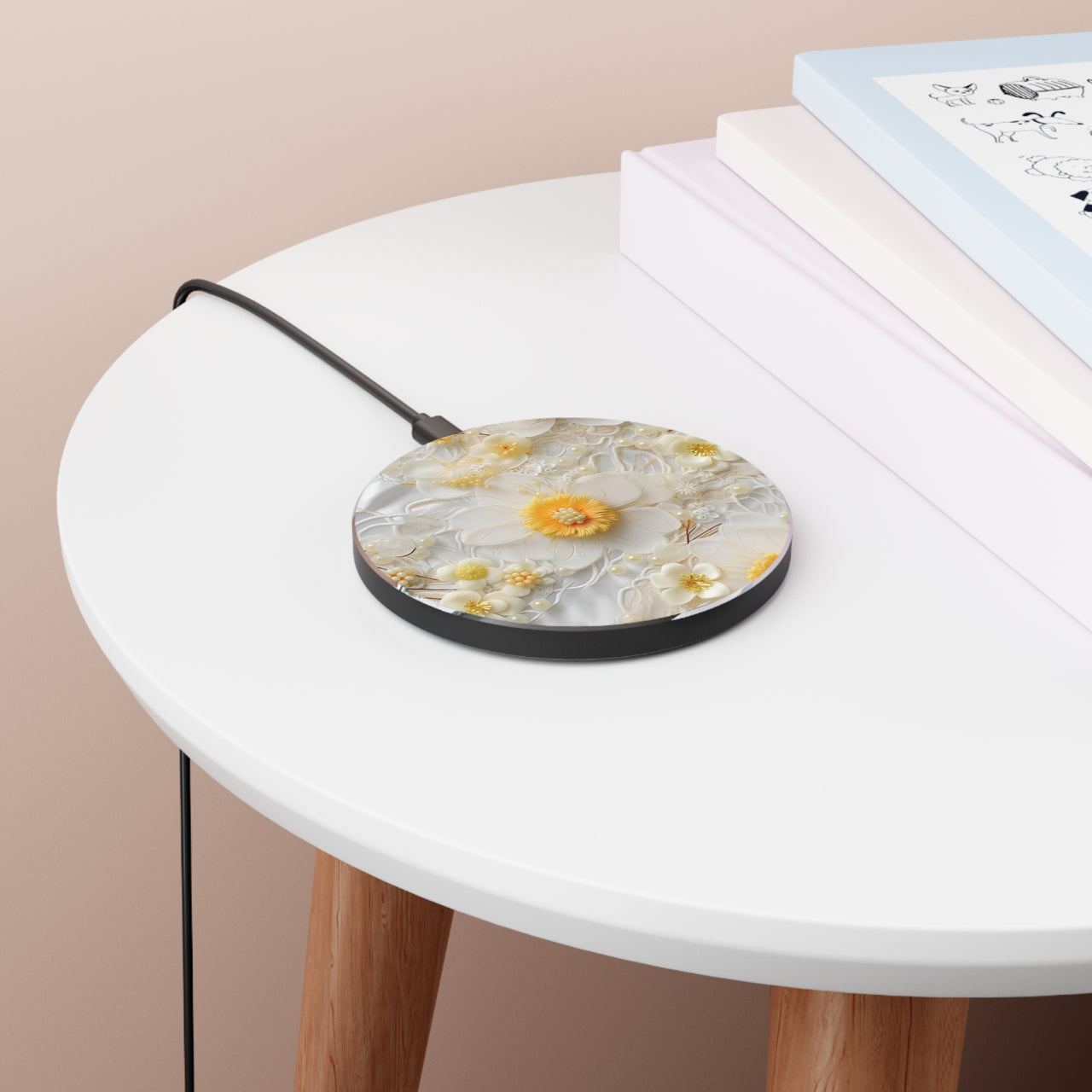 Yellow and White Floral Wireless Charger for Qi Enabled Phones