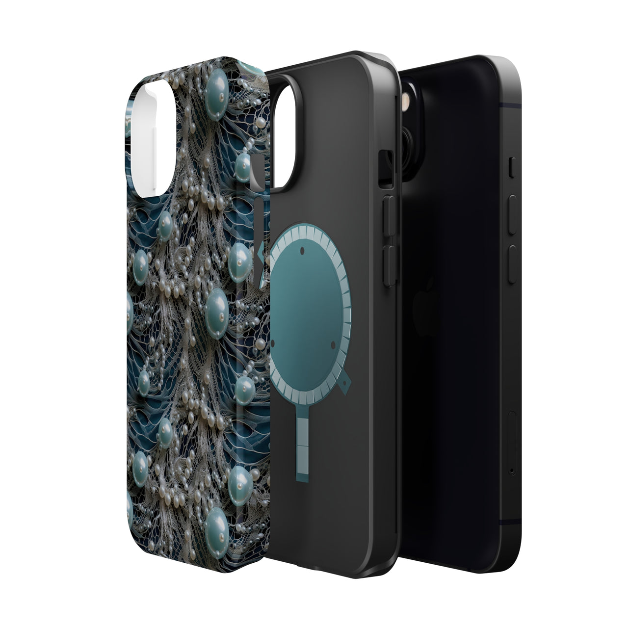 Sea Foam Lace and Pearls MagSafe Tough Cases for iPhone 13, iPhone 13 Mini, iPhone 13 Pro, and iPhone 13 Pro Max.