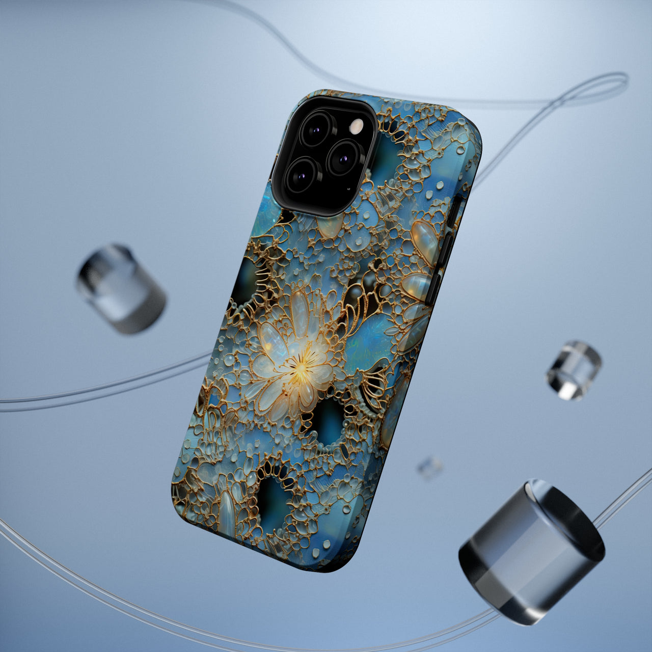 Gemstones and Gold Lace MagSafe Tough Cases for iPhone 13, iPhone 13 Mini, iPhone 13 Pro, and iPhone 13 Pro Max.