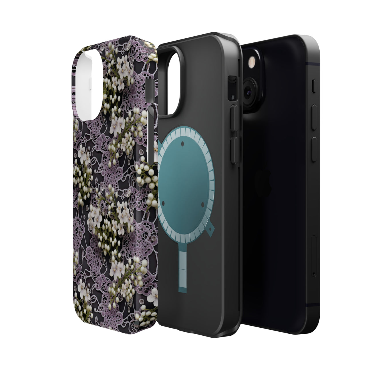 White Flowers on a Purple Bed - MagSafe Tough Cases for iPhone 13, iPhone 13 Mini, iPhone 13 Pro, and iPhone 13 Pro Max.