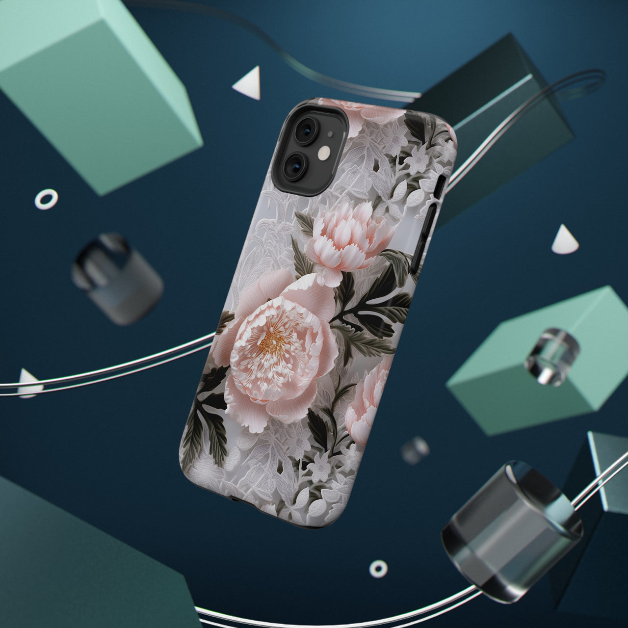 Pink Peony Impact-Resistant Cases for iPhone 11, iPhone 11 Pro, and iPhone 11 Pro Max. Supports Wireless Charging.