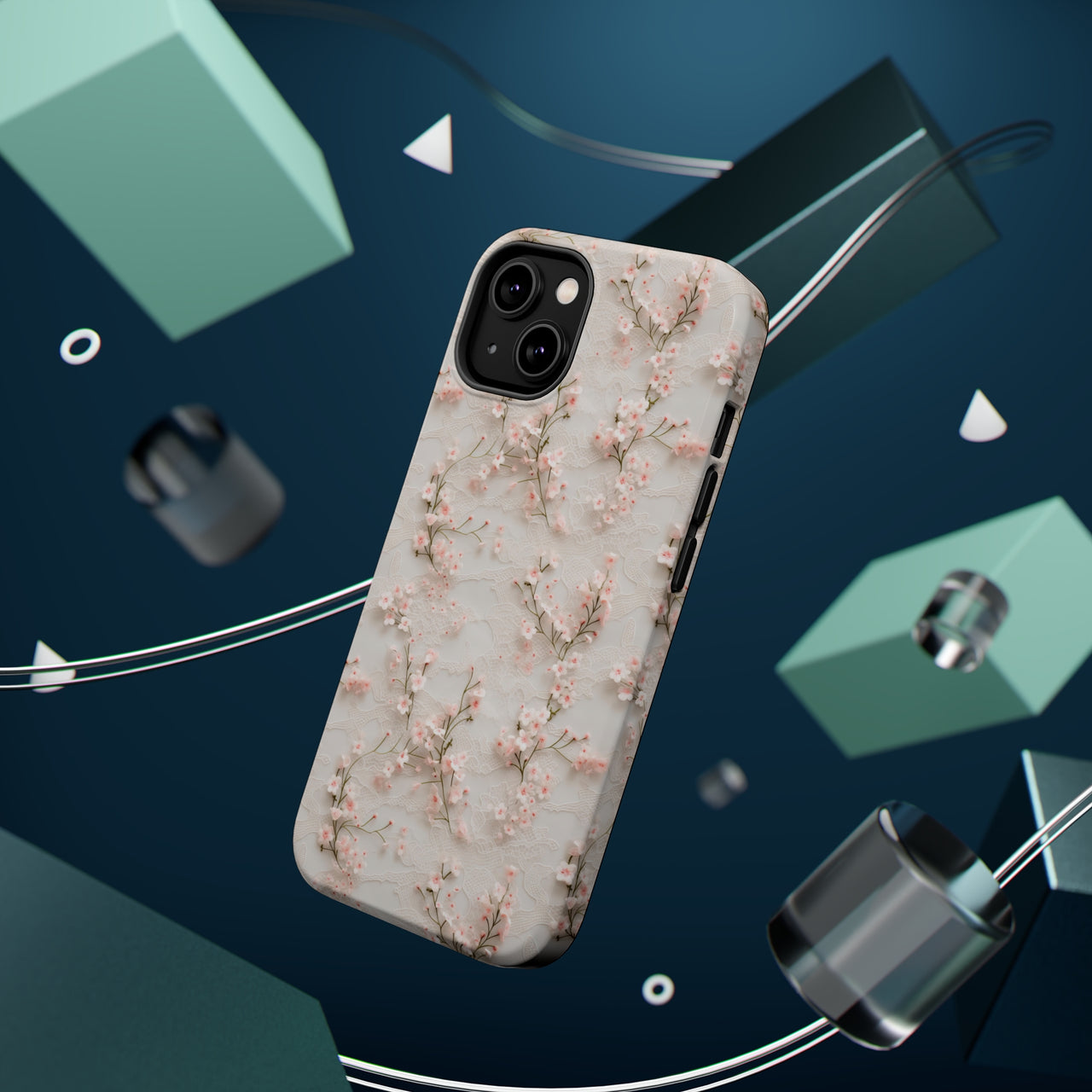 White Lace and Cherry Blossoms MagSafe Tough Cases for iPhone 14, iPhone 14 Pro, iPhone 14 Plus, and iPhone 14 Pro Max