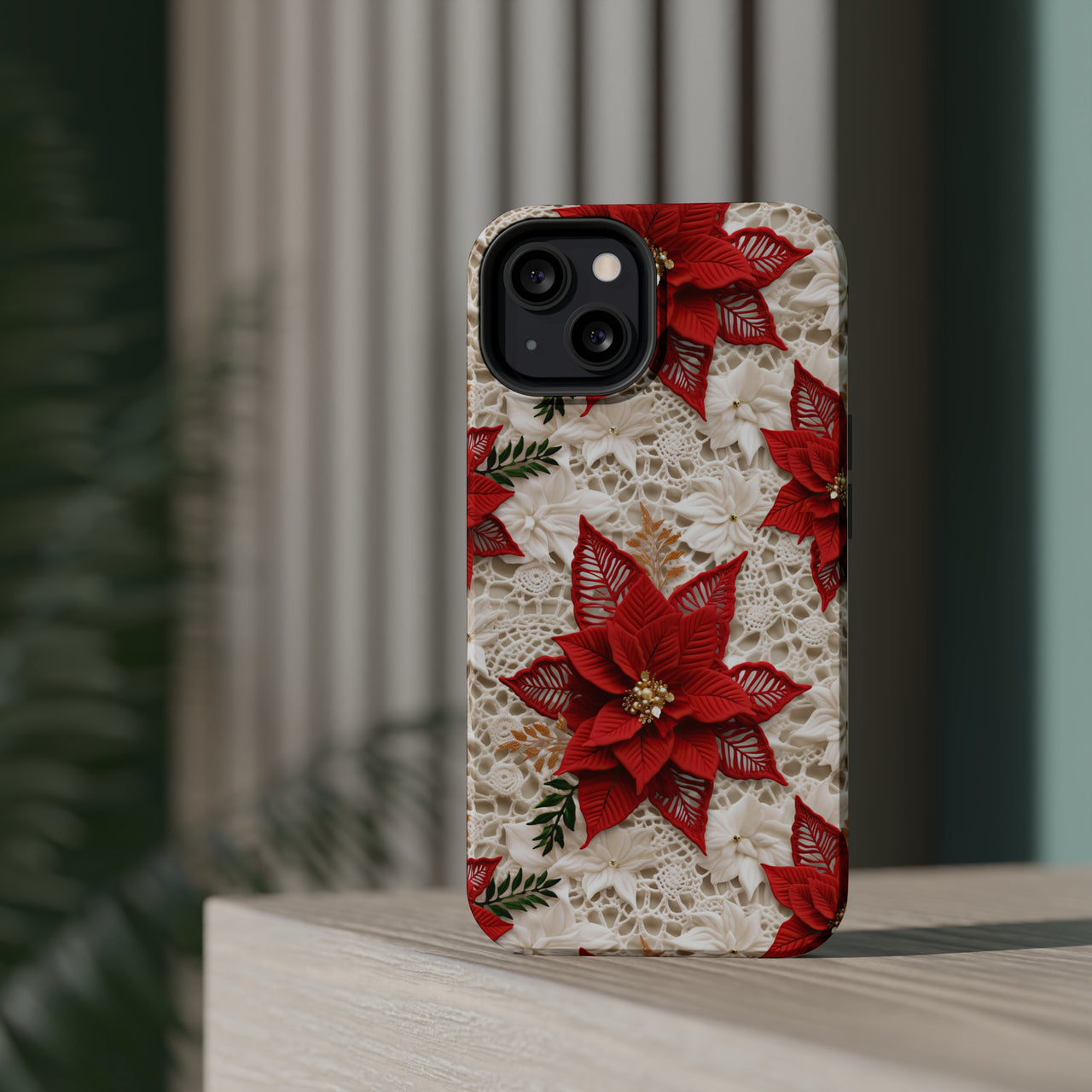 Christmas Poinsettia MagSafe Tough Cases for iPhone 13, iPhone 13 Mini, iPhone 13 Pro, and iPhone 13 Pro Max.