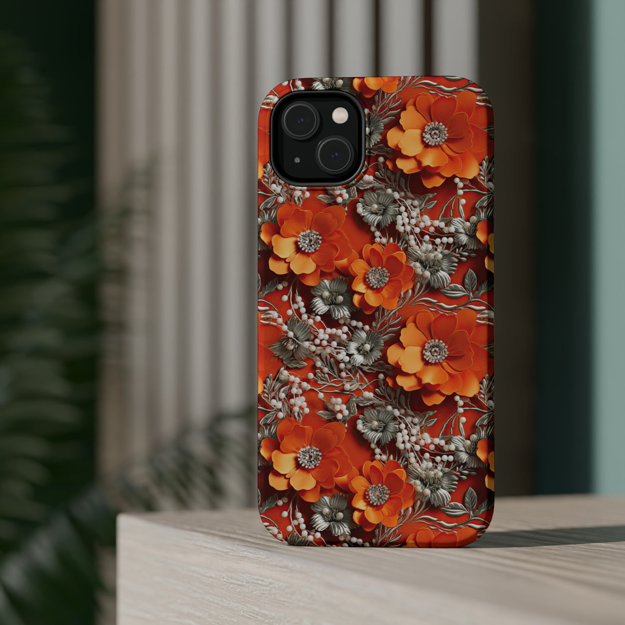 Orange Petals in Silver Tapestry MagSafe Tough Cases for iPhone 14, iPhone 14 Pro, iPhone 14 Plus, and iPhone 14 Pro Max