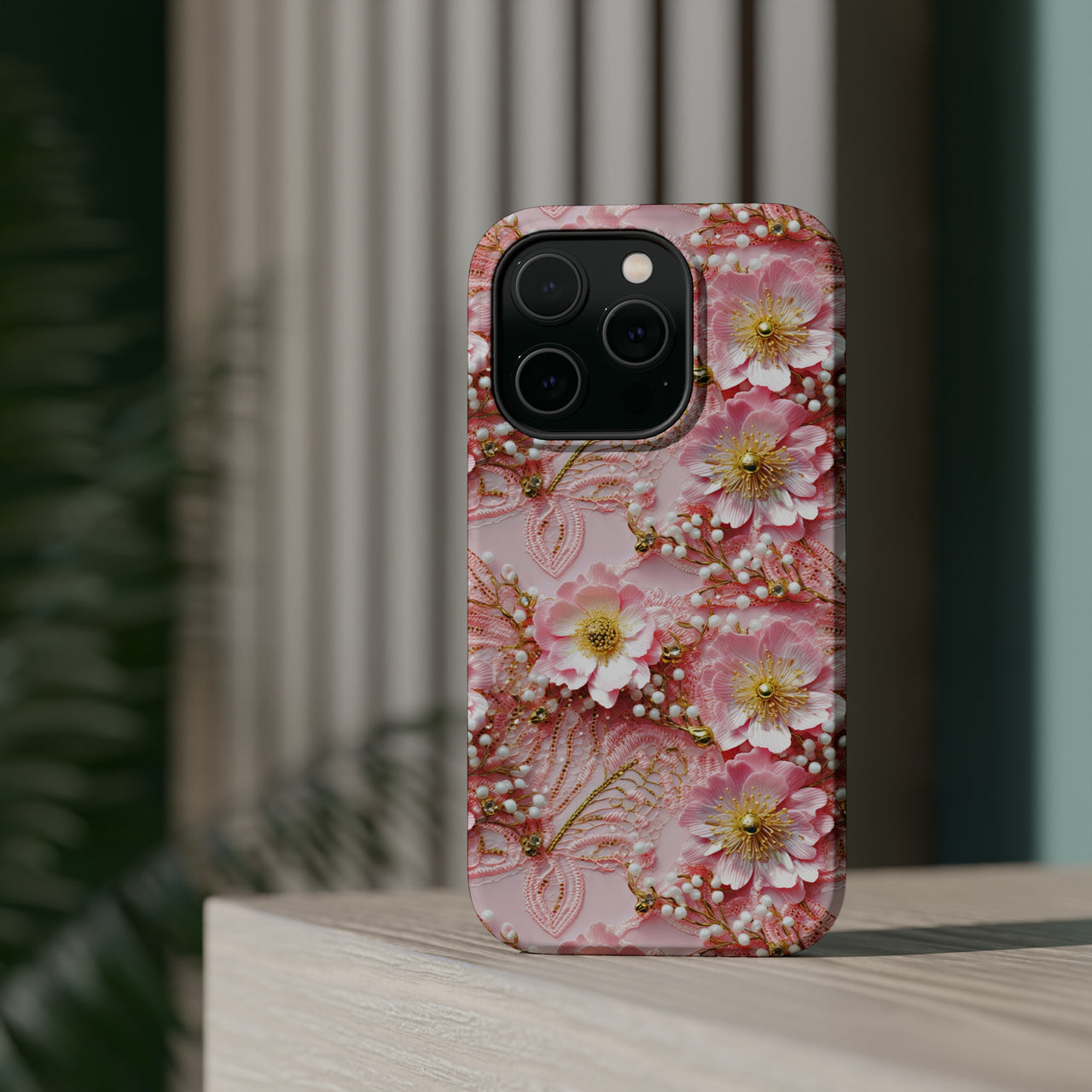 Gold-Kissed Flowers on Pink Lace - MagSafe Tough Case for iPhone 14, iPhone 14 Pro, iPhone 14 Plus, and iPhone 14 Pro Max