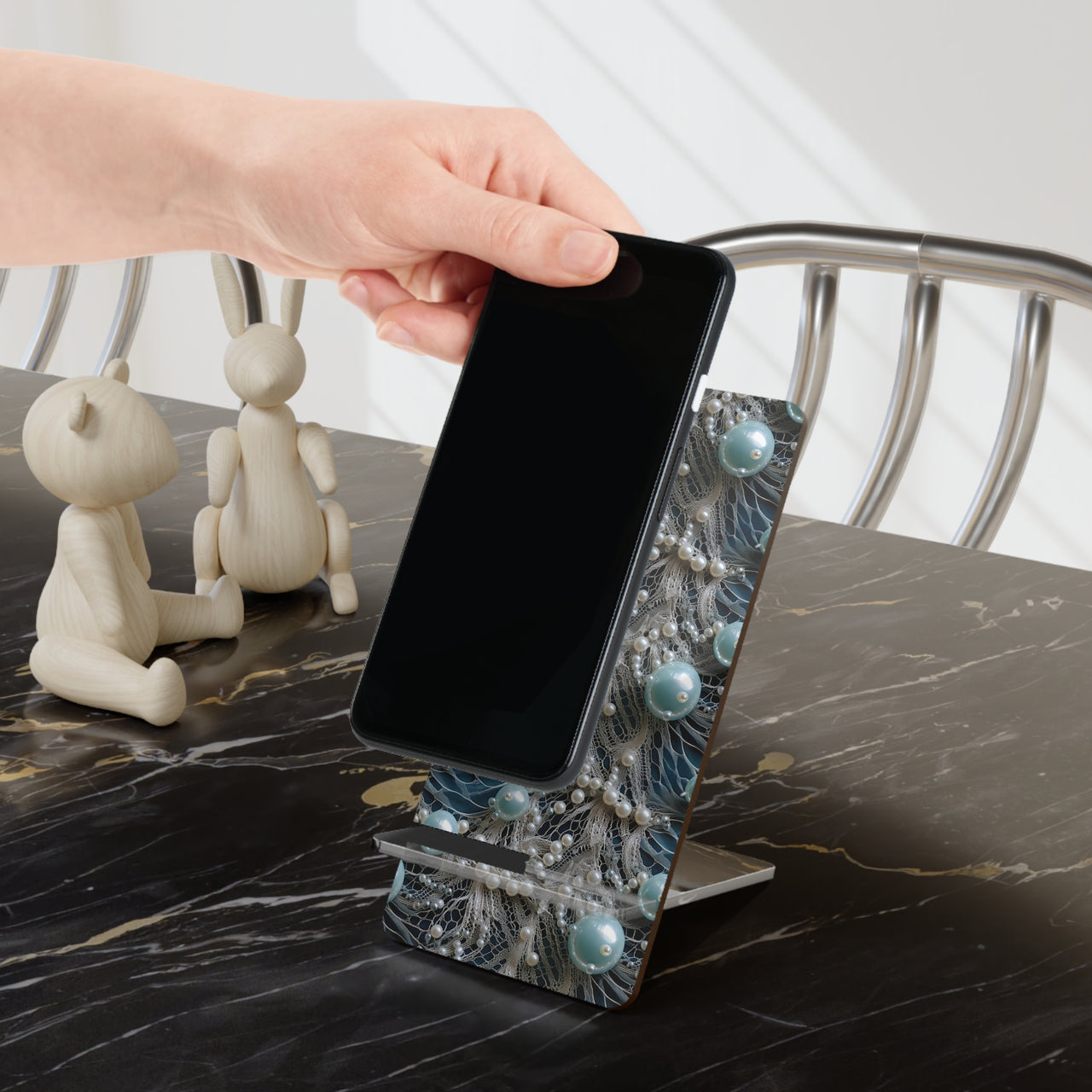 Sea Foam Lace and Pearls Mobile Display Stand for Smartphones