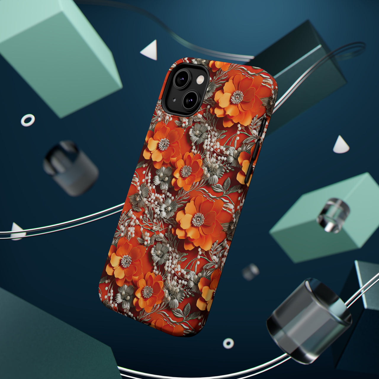 Orange Petals in Silver Tapestry MagSafe Tough Cases for iPhone 14, iPhone 14 Pro, iPhone 14 Plus, and iPhone 14 Pro Max