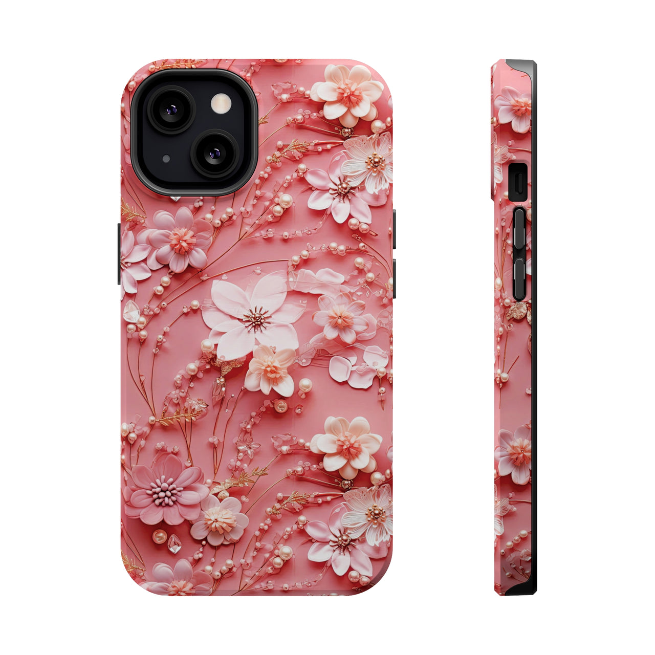 Floral Champagne Toast MagSafe Tough Cases for iPhone 13, iPhone 13 Mini, iPhone 13 Pro, and iPhone 13 Pro Max.