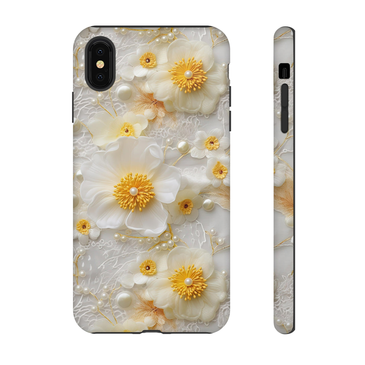 White and Yellow Floral Tough Cases for iPhone X, iPhone XR, iPhone XS, and iPhone XS MAX.