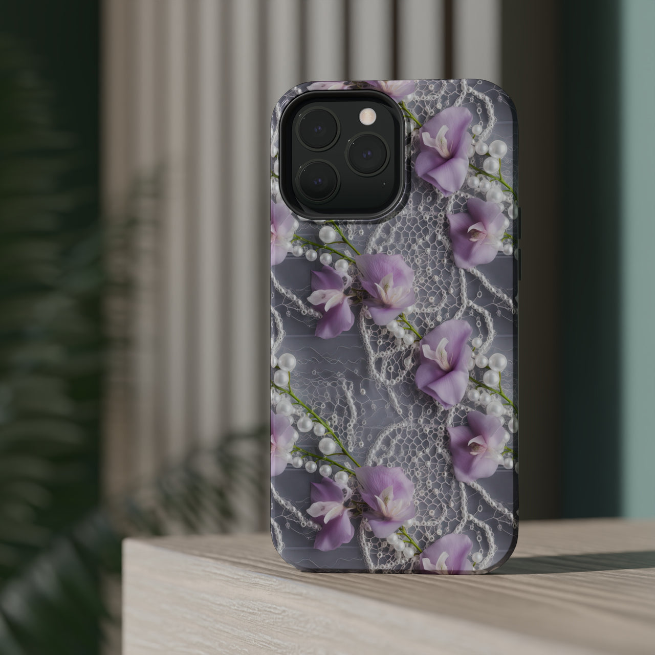 Purple Sweet Pea MagSafe Tough Cases for iPhone 13, iPhone 13 Mini, iPhone 13 Pro, and iPhone 13 Pro Max.