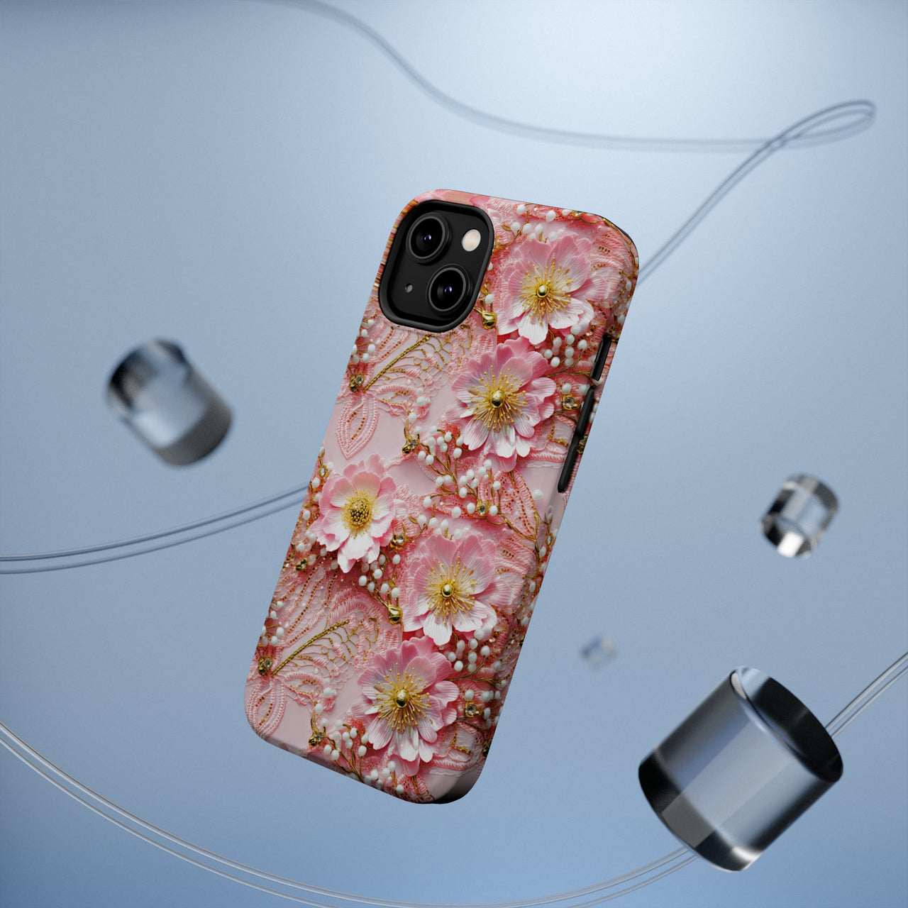 Gold-Kissed Flowers on Pink Lace - MagSafe Tough Case for iPhone 14, iPhone 14 Pro, iPhone 14 Plus, and iPhone 14 Pro Max