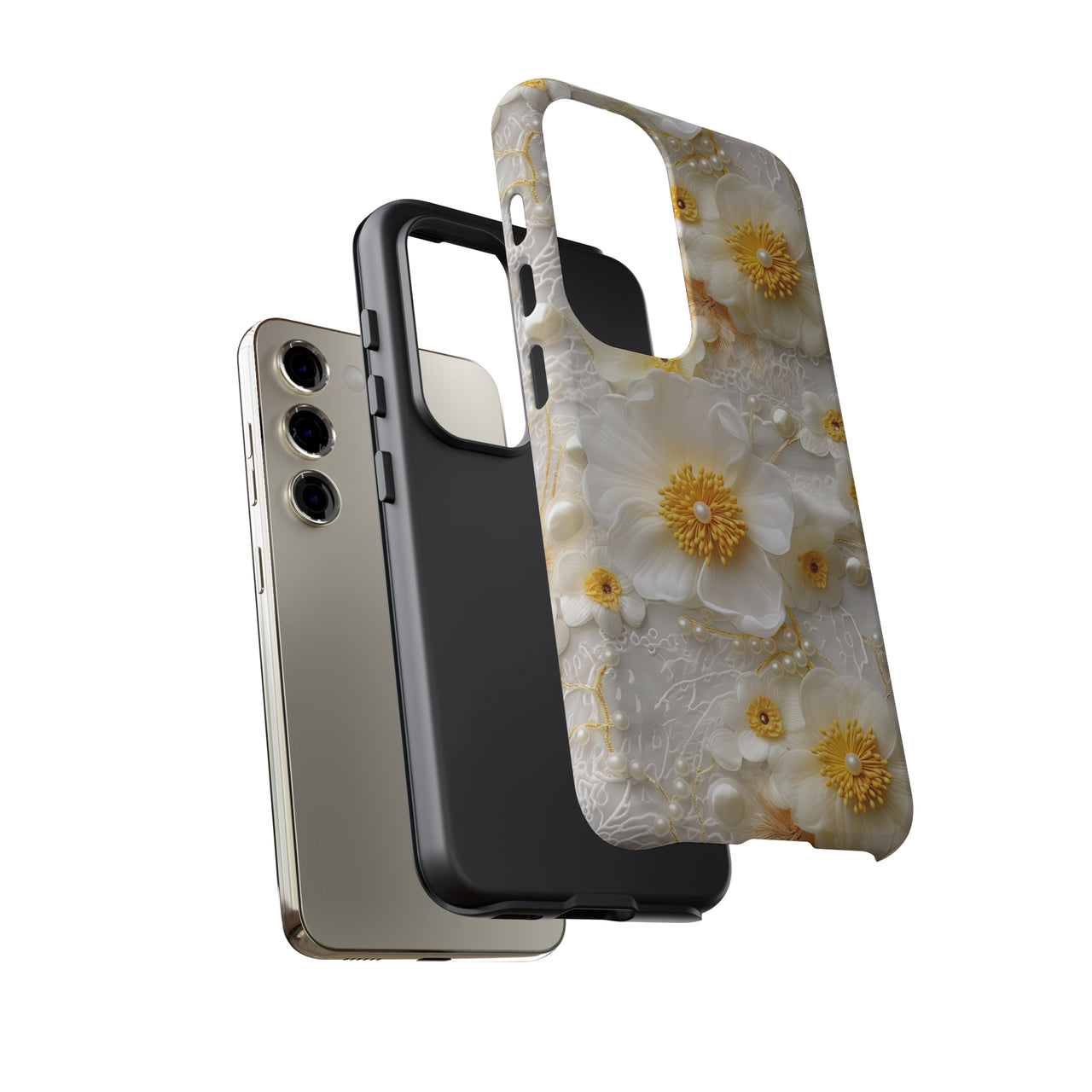 White and Yellow Floral Tough Cases for Samsung Galaxy S23, Samsung Galaxy S23 Plus, and Samsung Galaxy S23 Ultra