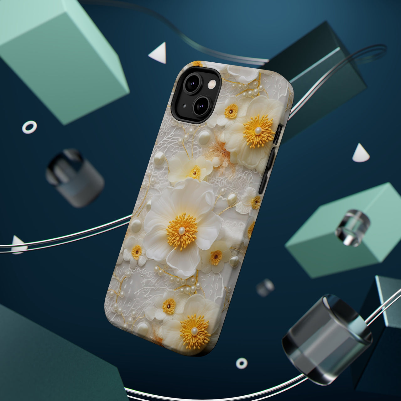 Yellow and White Floral MagSafe Tough Cases for iPhone 14, iPhone 14 Pro, iPhone 14 Plus, and iPhone 14 Pro Max