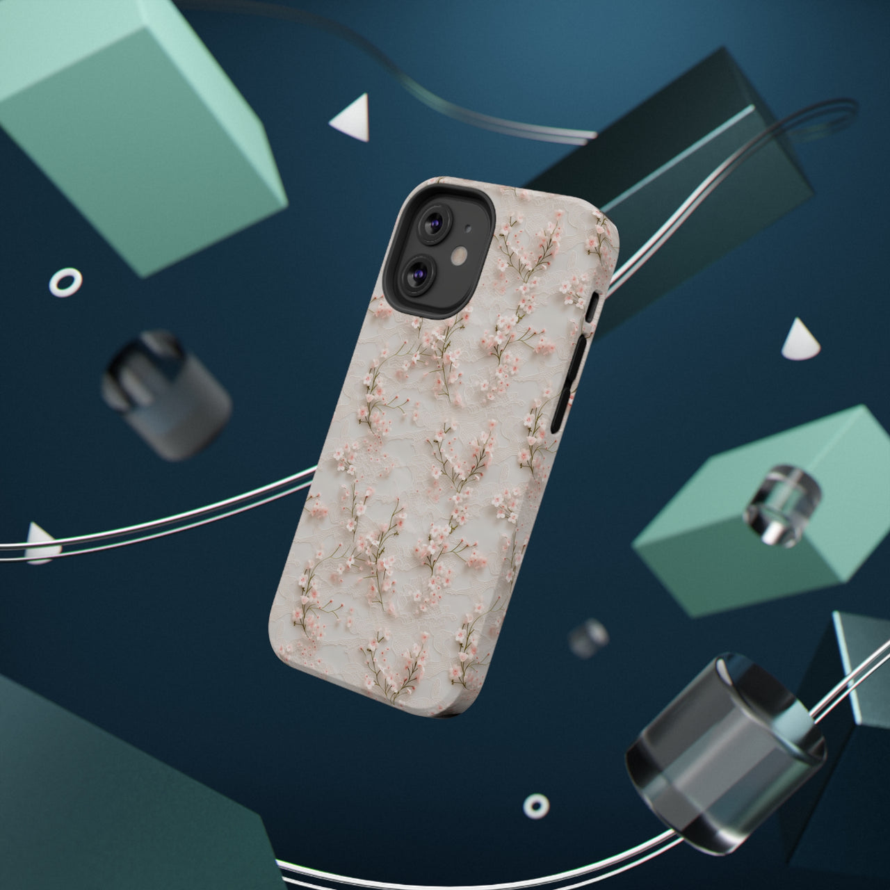 White Lace and Cherry Blossoms Impact-Resistant Case for iPhone 12, iPhone 12 Mini, iPhone 12 Pro, and iPhone 12 Pro Max. Supports Wireless Charging.