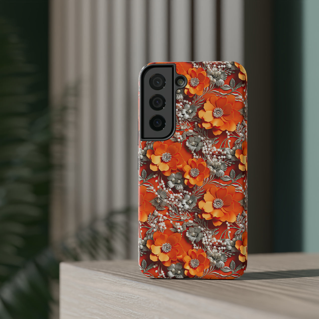 Orange Petals in Silver Tapestry Impact-Resistant Case for Samsung Galaxy S22, Samsung Galaxy S22 Plus, and Samsung Galaxy S22 Ultra. Supports Wireless Charging.