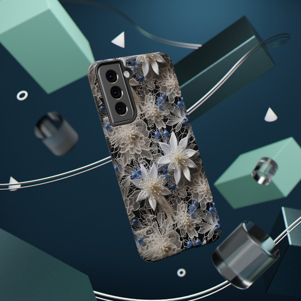 Vintage Lace and Clematis Impact-Resistant Cases for Samsung Galaxy S21, Samsung Galaxy S21 Plus, and Samsung Galaxy S21 Ultra. Supports Wireless Charging.