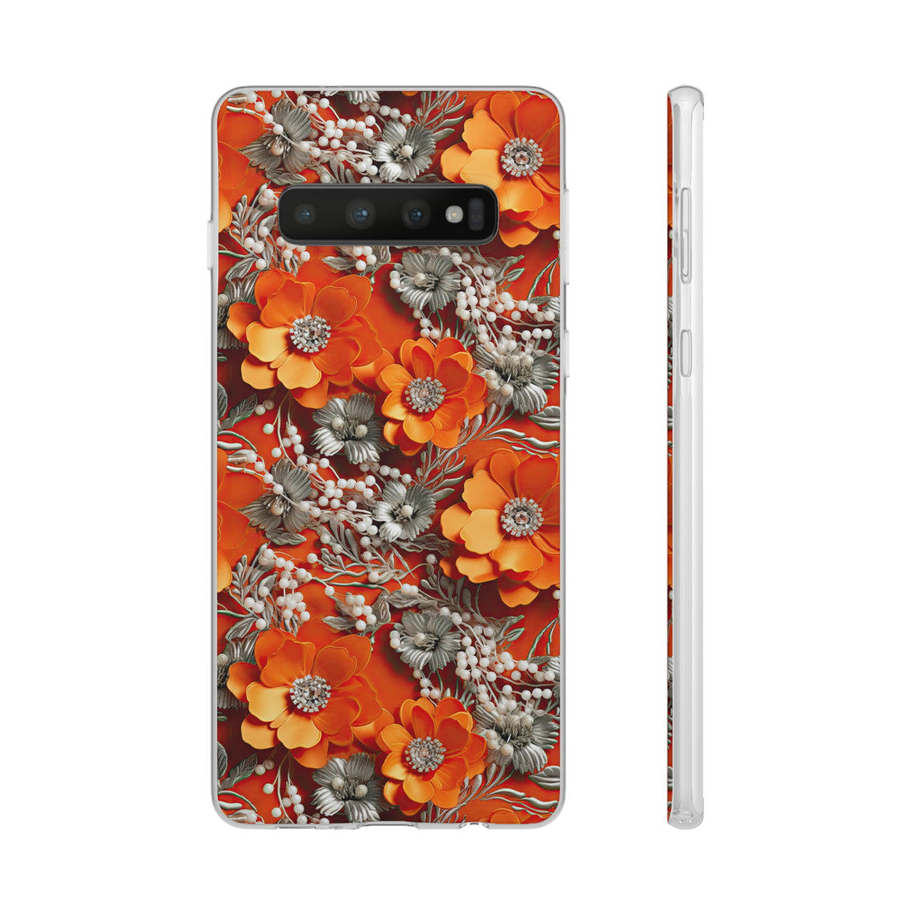 Orange Petals in Silver Tapestry - Flexi Cases for Samsung Galaxy S10, Samsung Galaxy S10E, & Samsung Galaxy S10 Plus