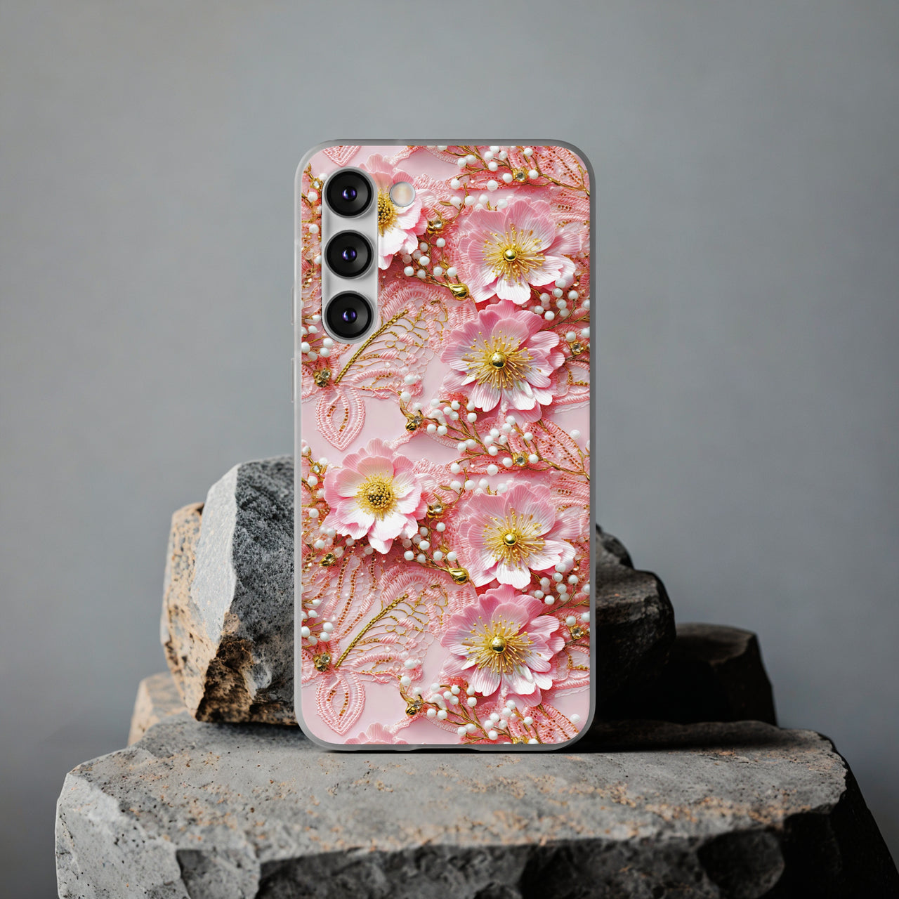 Gold-Kissed Flowers on Pink Lace - Flexi Cases for Samsung Galaxy S23, Samsung Galaxy S23 Plus, & Samsung Galaxy S23 Ultra