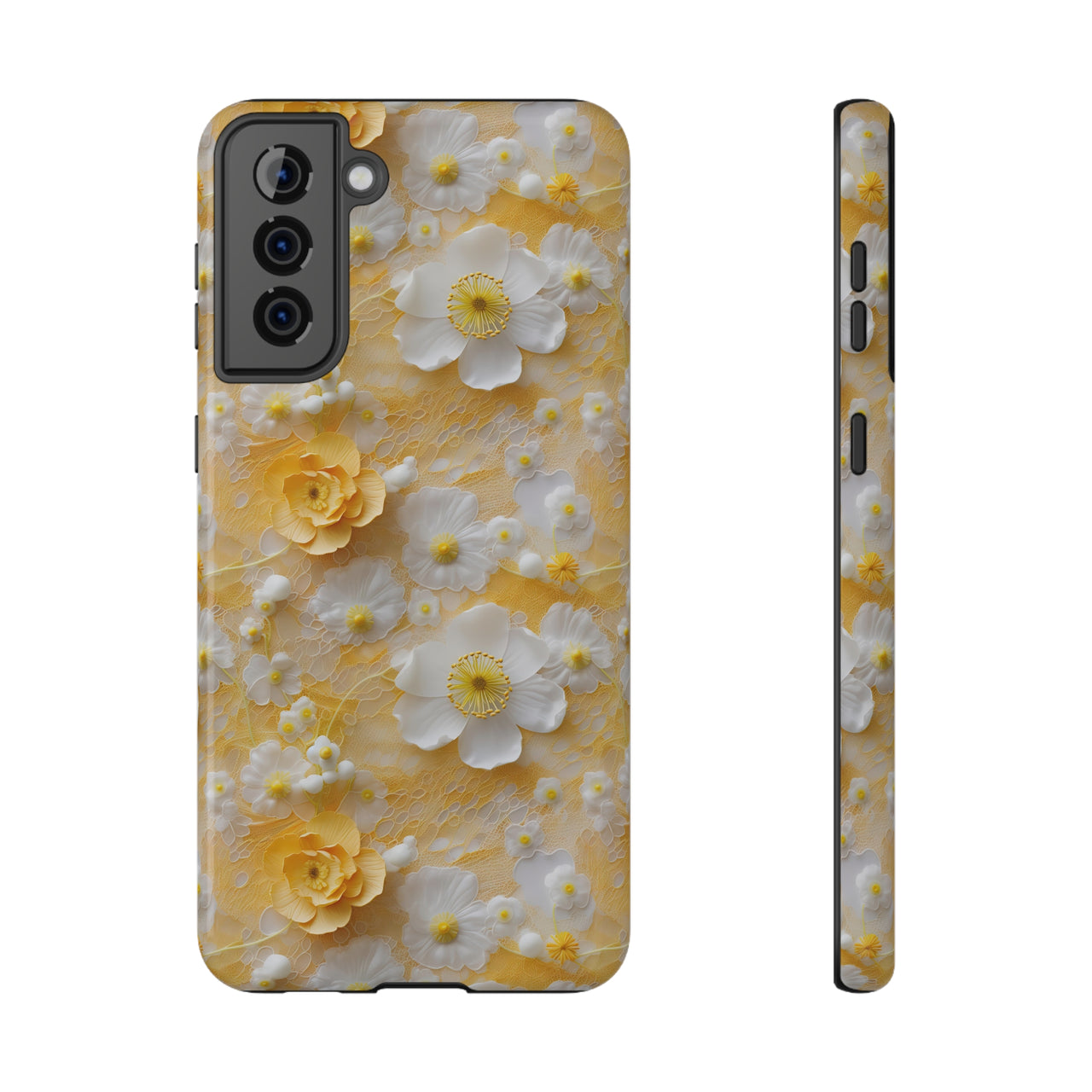 Yellow Floral Impact-Resistant Cases for Samsung Galaxy S21, Samsung Galaxy S21 Plus, and Samsung Galaxy S21 Ultra. Supports Wireless Charging.