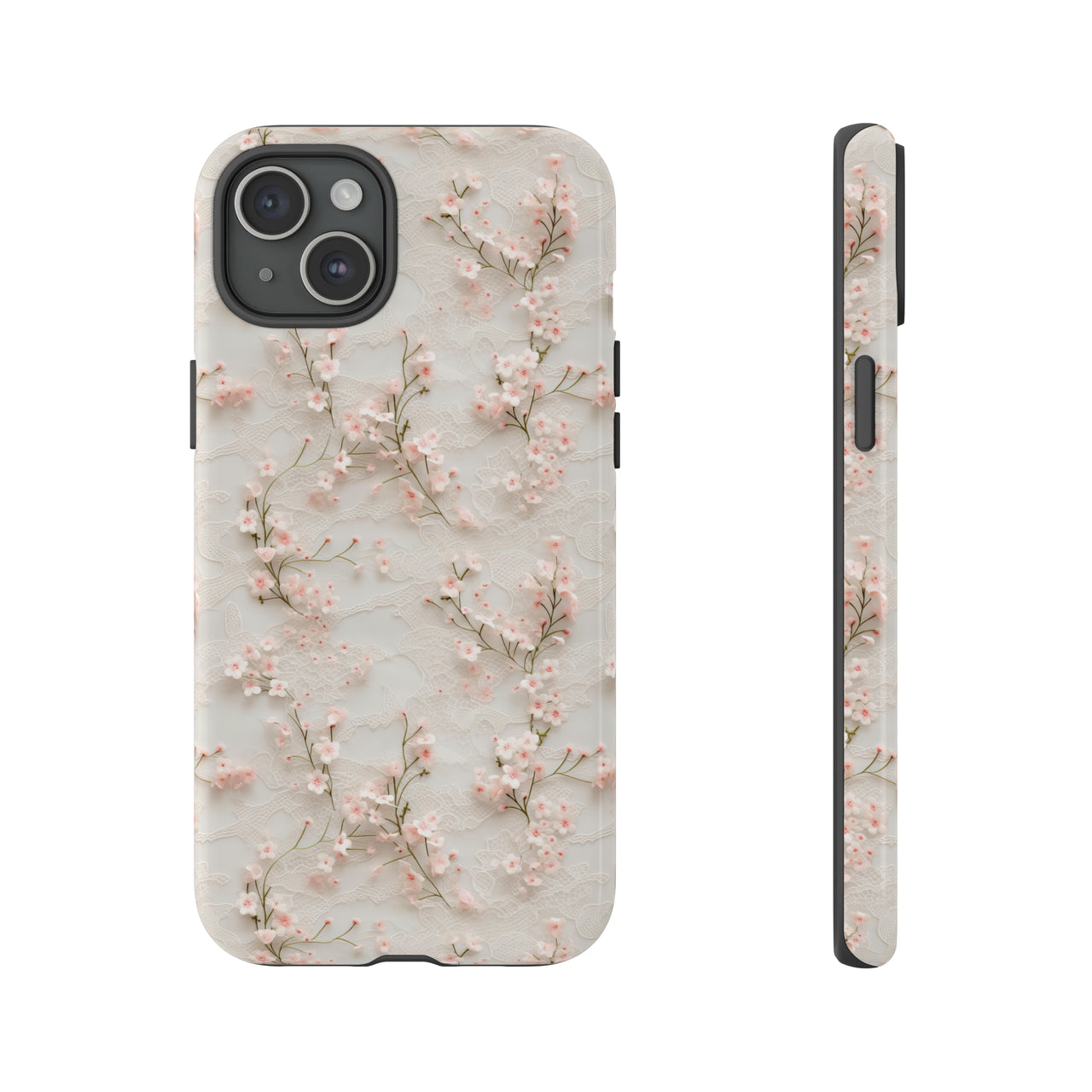 White Lace and Cherry Blossoms Tough Case for iPhone 15, iPhone 15 Pro, iPhone 15 Plus, and iPhone 15 Pro Max