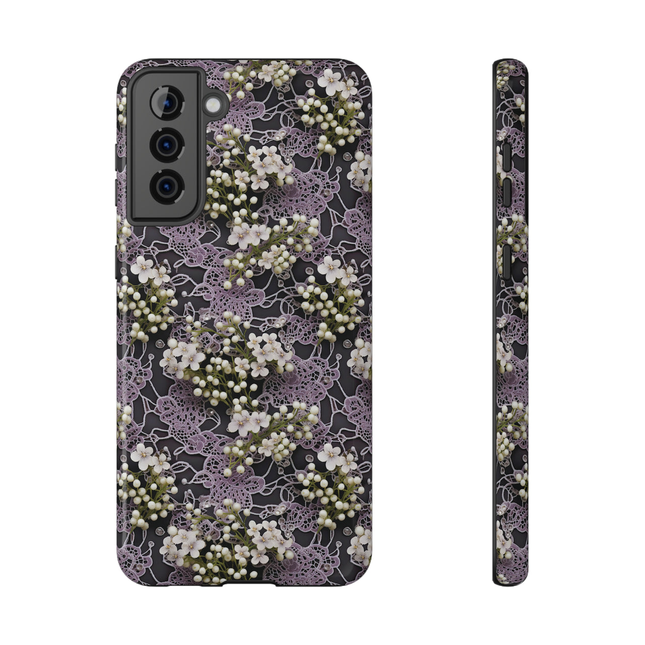 White Flowers on a Purple Bed - Impact-Resistant Case for Samsung Galaxy S21, Samsung Galaxy S21 Plus, and Samsung Galaxy S21 Ultra. Supports Wireless Charging.