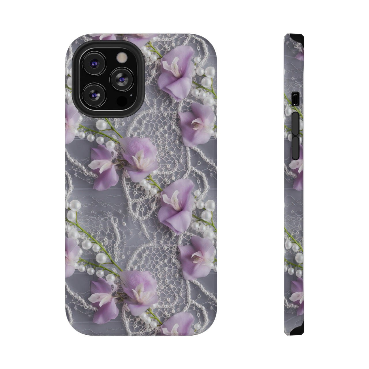 Purple Sweet Pea Impact-Resistant Case for iPhone 12, iPhone 12 Mini, iPhone 12 Pro, and iPhone 12 Pro Max. Supports Wireless Charging.