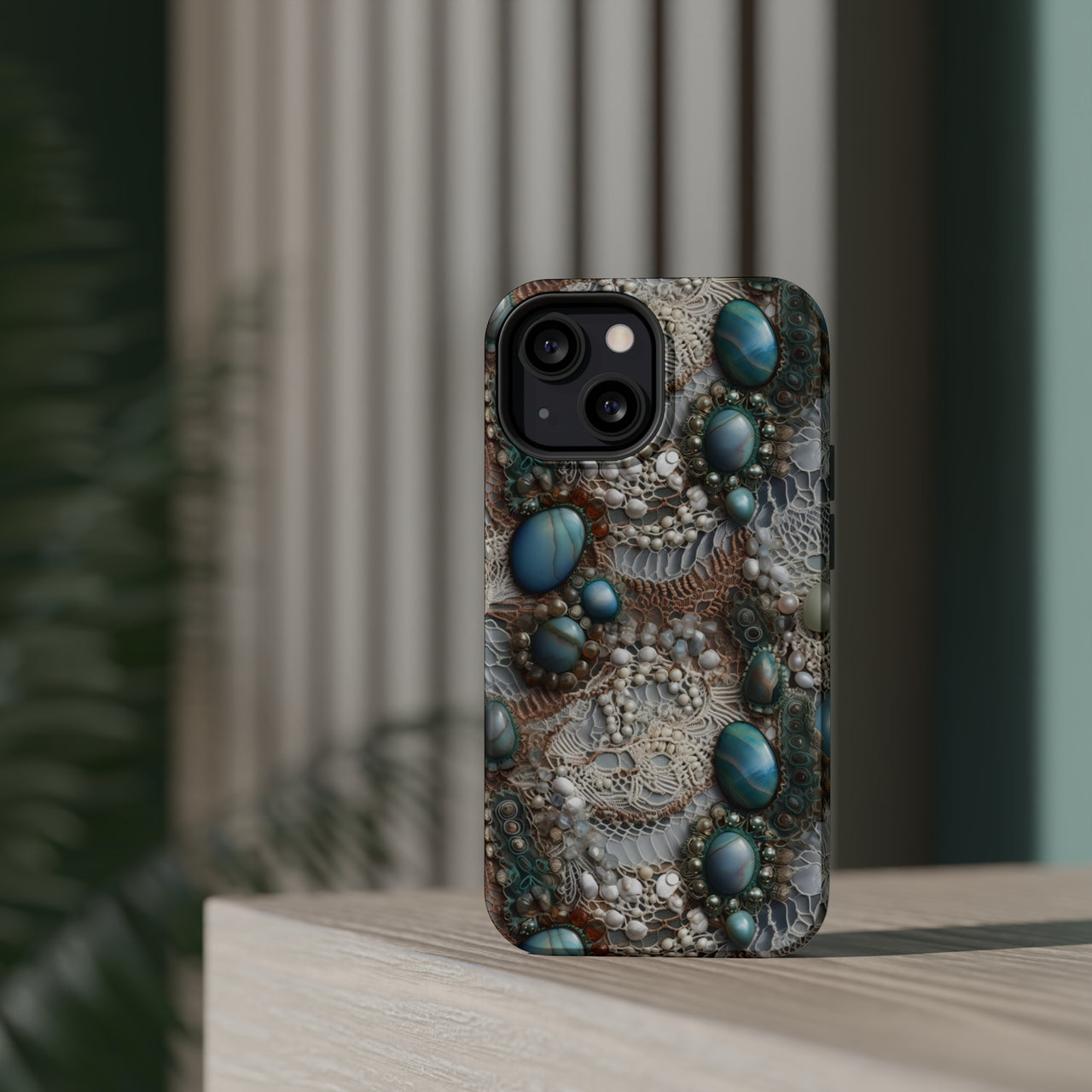 Boho Agate and Lace MagSafe Tough Cases for iPhone 13, iPhone 13 Mini, iPhone 13 Pro, and iPhone 13 Pro Max.