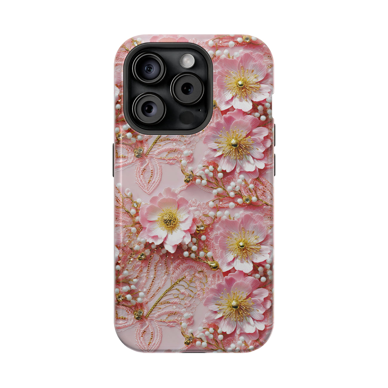 Gold-Kissed Flowers on Pink Lace - MagSafe Tough Case for iPhone 15, iPhone 15 Pro, iPhone 15 Plus, & iPhone 15 Pro Max