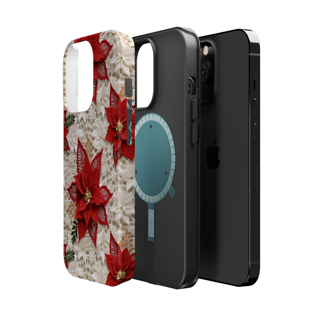 Christmas Poinsettia MagSafe Tough Cases for iPhone 13, iPhone 13 Mini, iPhone 13 Pro, and iPhone 13 Pro Max.