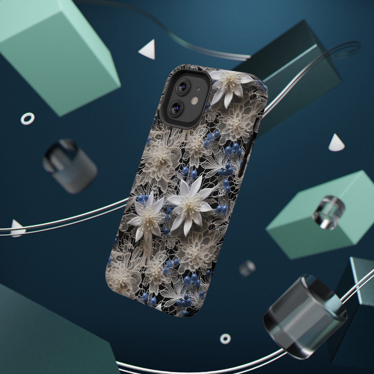 Vintage Lace and Clematis Impact-Resistant Case for iPhone 12, iPhone 12 Mini, iPhone 12 Pro, and iPhone 12 Pro Max. Supports Wireless Charging.