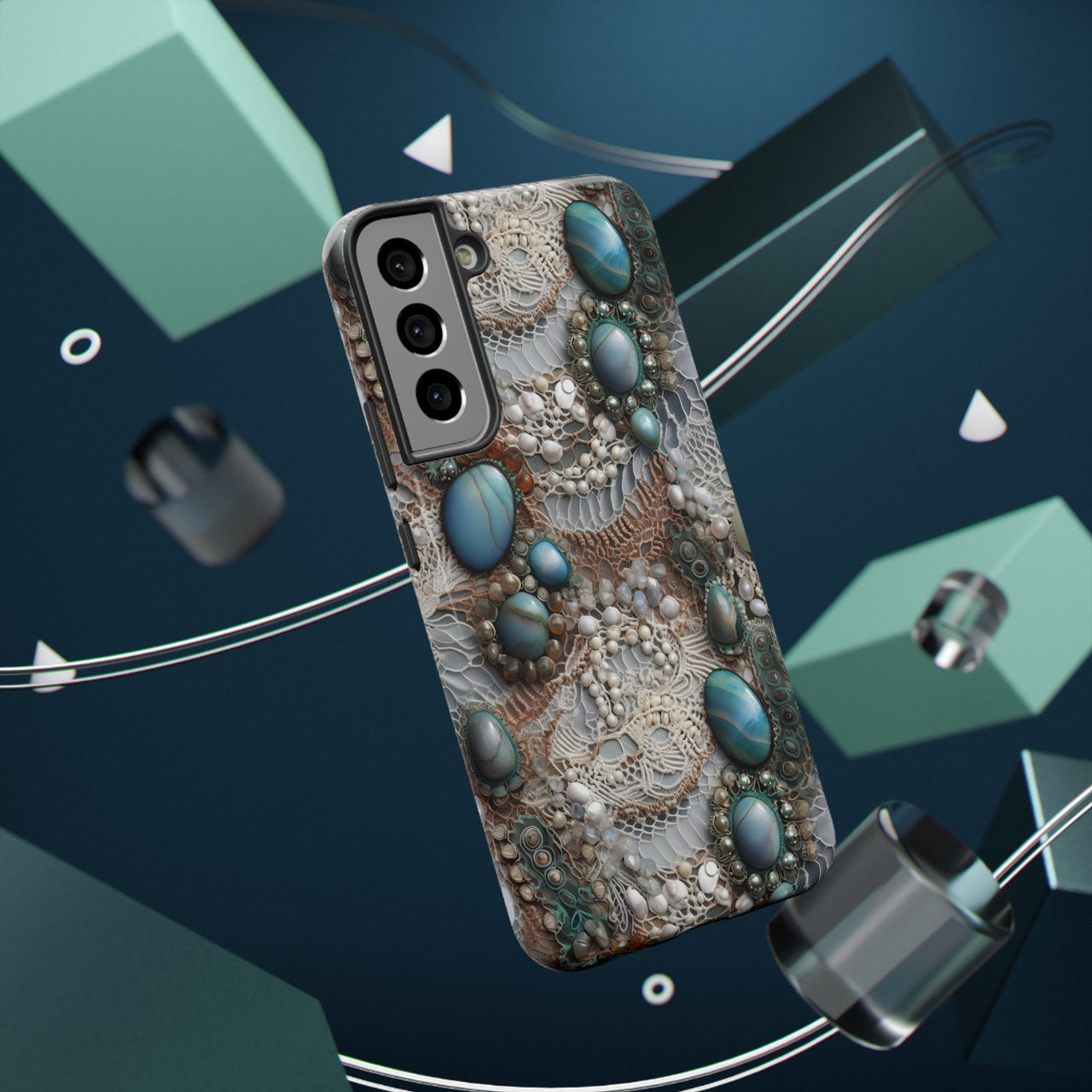 Boho Agate and Lace Impact-Resistant Cases for Samsung Galaxy S22, Samsung Galaxy S22 Plus, and Samsung Galaxy S22 Ultra. Supports Wireless Charging.