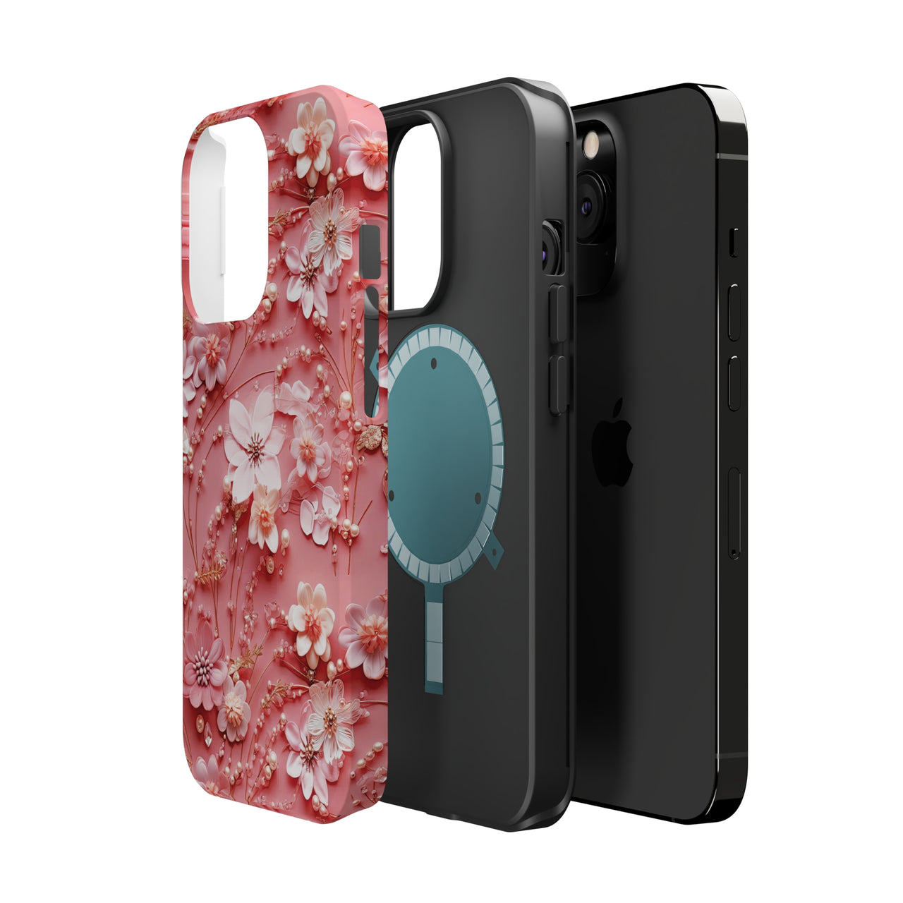 Floral Champagne Toast MagSafe Tough Cases for iPhone 13, iPhone 13 Mini, iPhone 13 Pro, and iPhone 13 Pro Max.