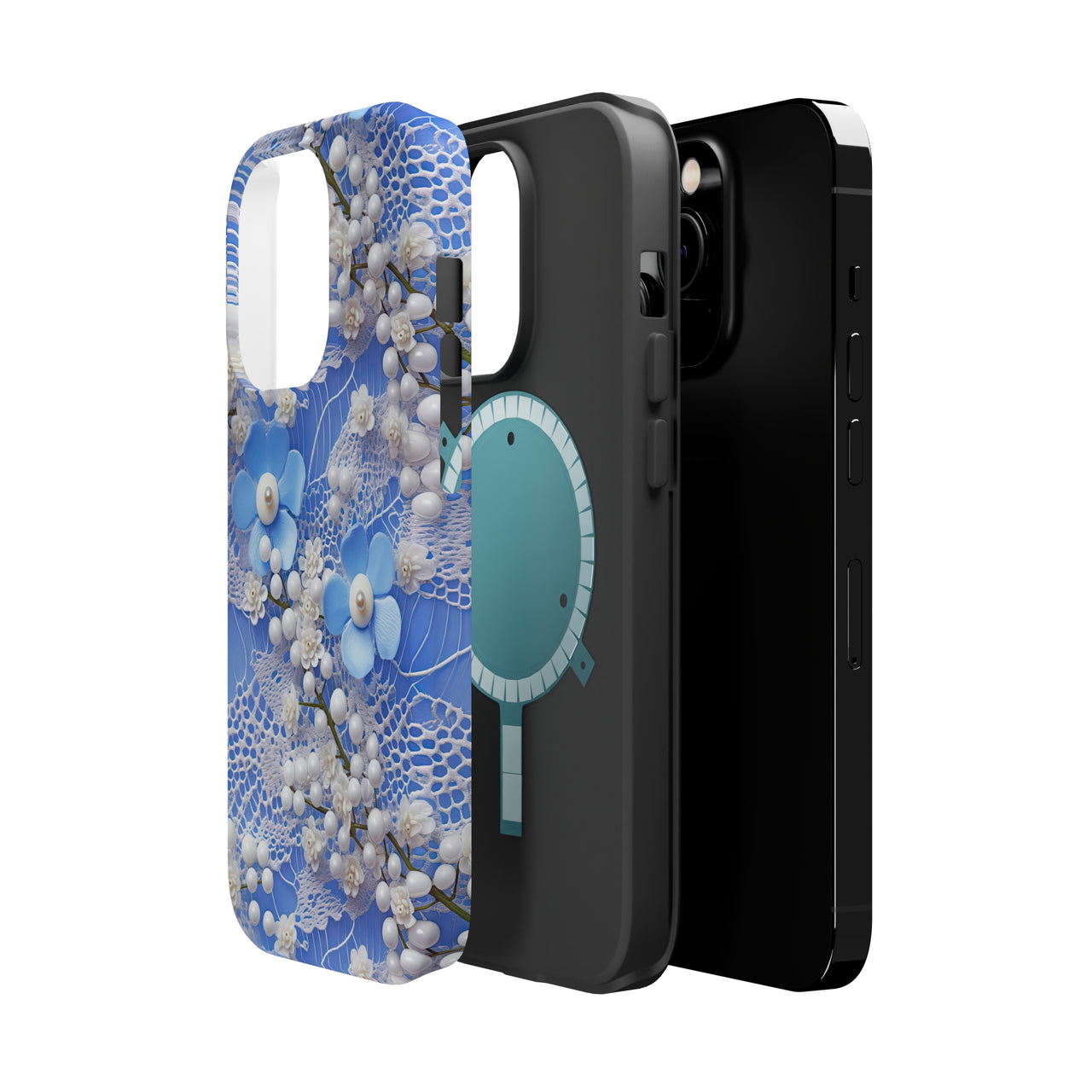 Pearls and Lace on Baby Blue - MagSafe Tough Cases for iPhone 14, iPhone 14 Pro, iPhone 14 Plus, and iPhone 14 Pro Max