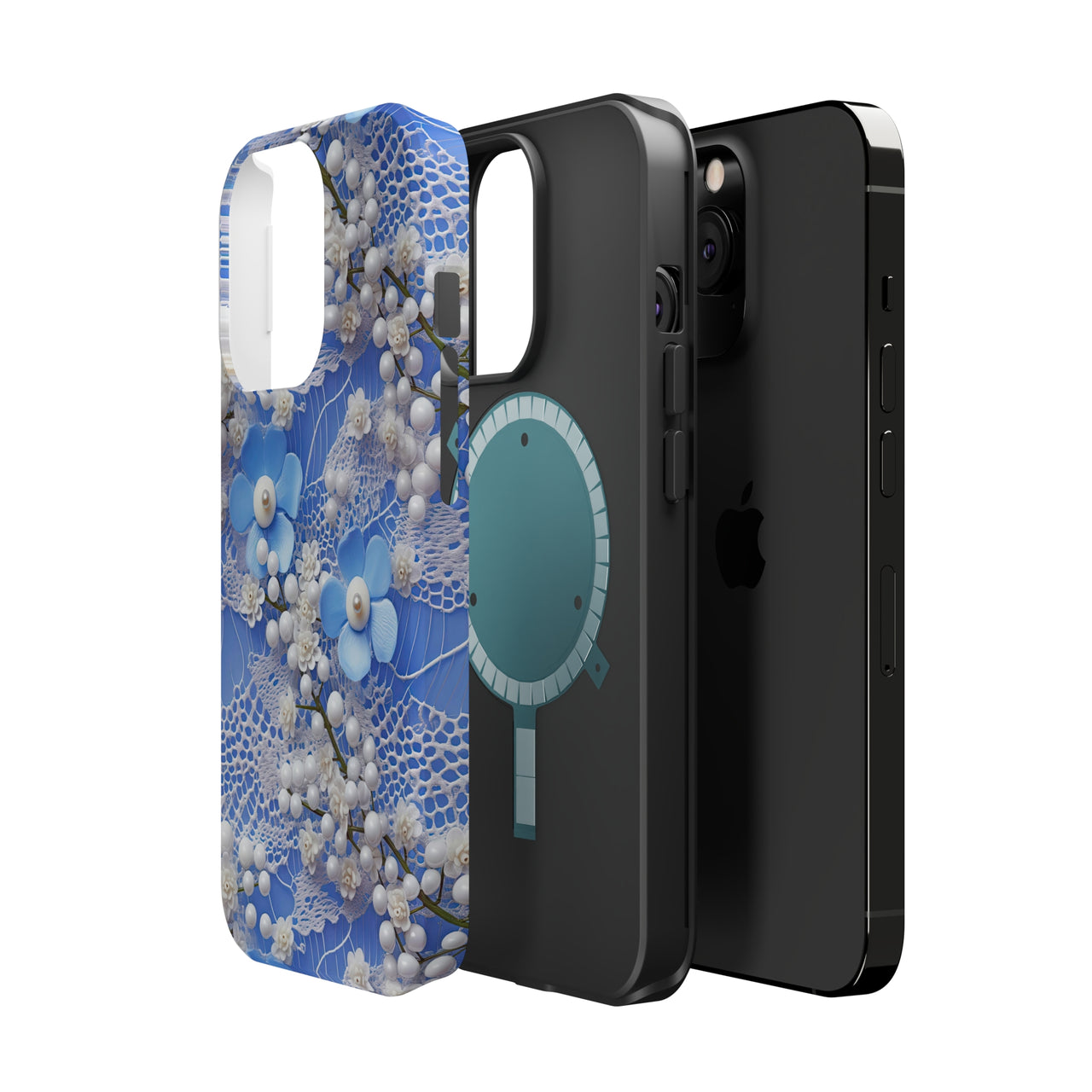 Pearls and Lace on Baby Blue - MagSafe Tough Cases for iPhone 13, iPhone 13 Mini, iPhone 13 Pro, and iPhone 13 Pro Max.