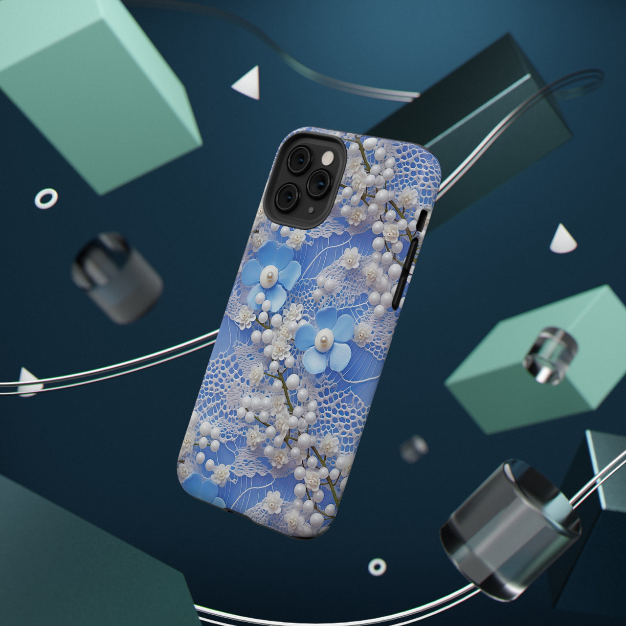 Pearls and Lace on Baby Blue - Impact-Resistant Cases for iPhone 11, iPhone 11 Pro, and iPhone 11 Pro Max. Supports Wireless Charging.