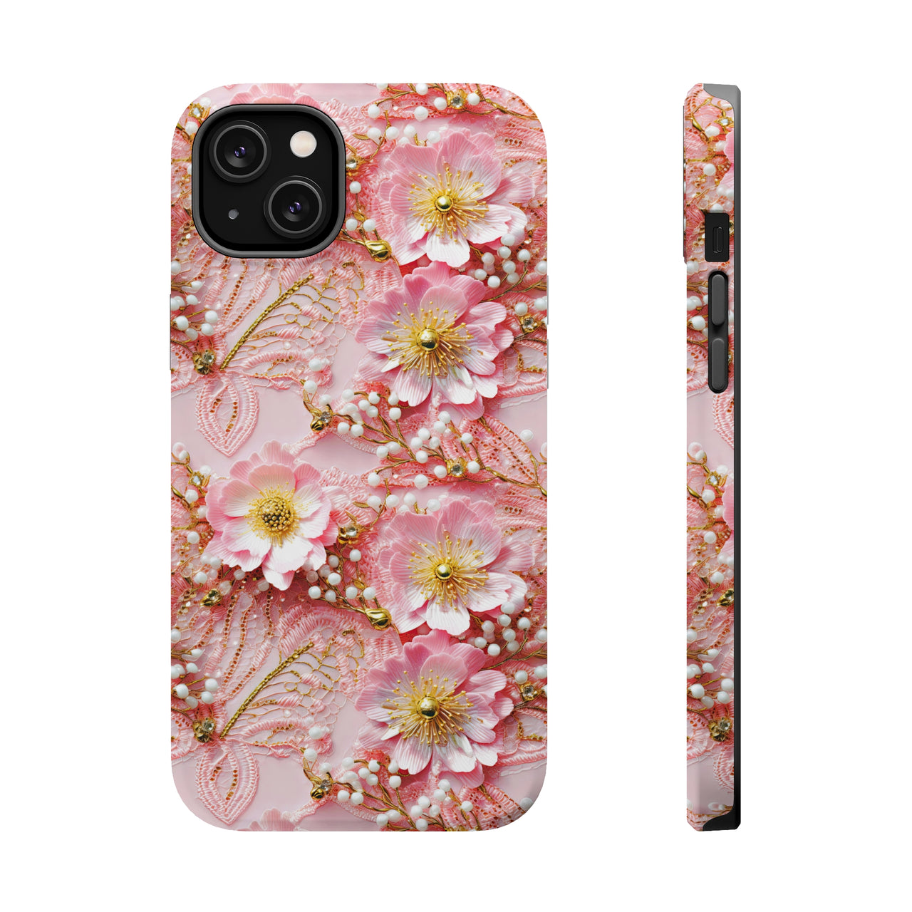 Gold-Kissed Flowers on Pink Lace - MagSafe Tough Case for iPhone 14, iPhone 14 Pro, iPhone 14 Plus, and iPhone 14 Pro Max