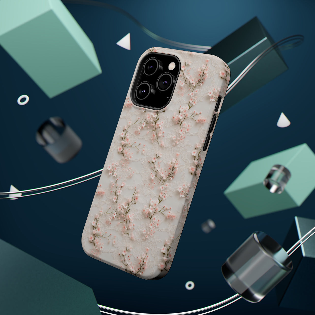 White Lace and Cherry Blossoms MagSafe Tough Cases for iPhone 14, iPhone 14 Pro, iPhone 14 Plus, and iPhone 14 Pro Max