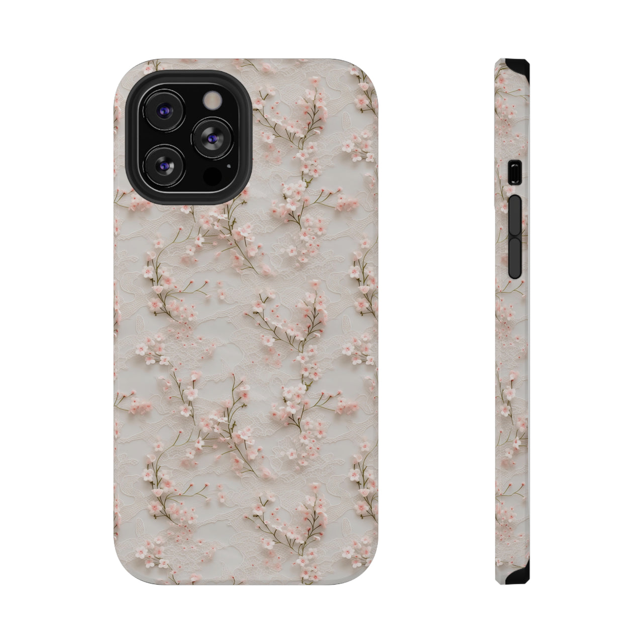 White Lace and Cherry Blossoms Impact-Resistant Case for iPhone 12, iPhone 12 Mini, iPhone 12 Pro, and iPhone 12 Pro Max. Supports Wireless Charging.