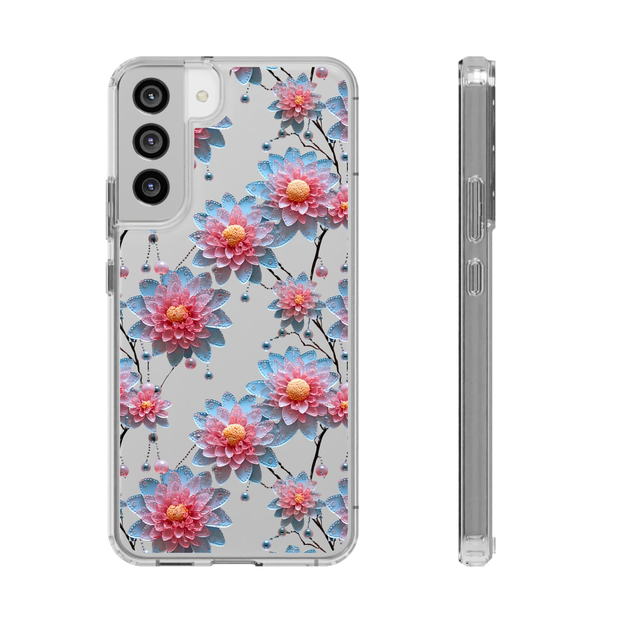 *Clear Case* Pink and Blue Glass Flowers - Samsung Galaxy S22, Samsung Galaxy S22 Plus, Samsung Galaxy S22 Ultra - Supports Wireless Charging