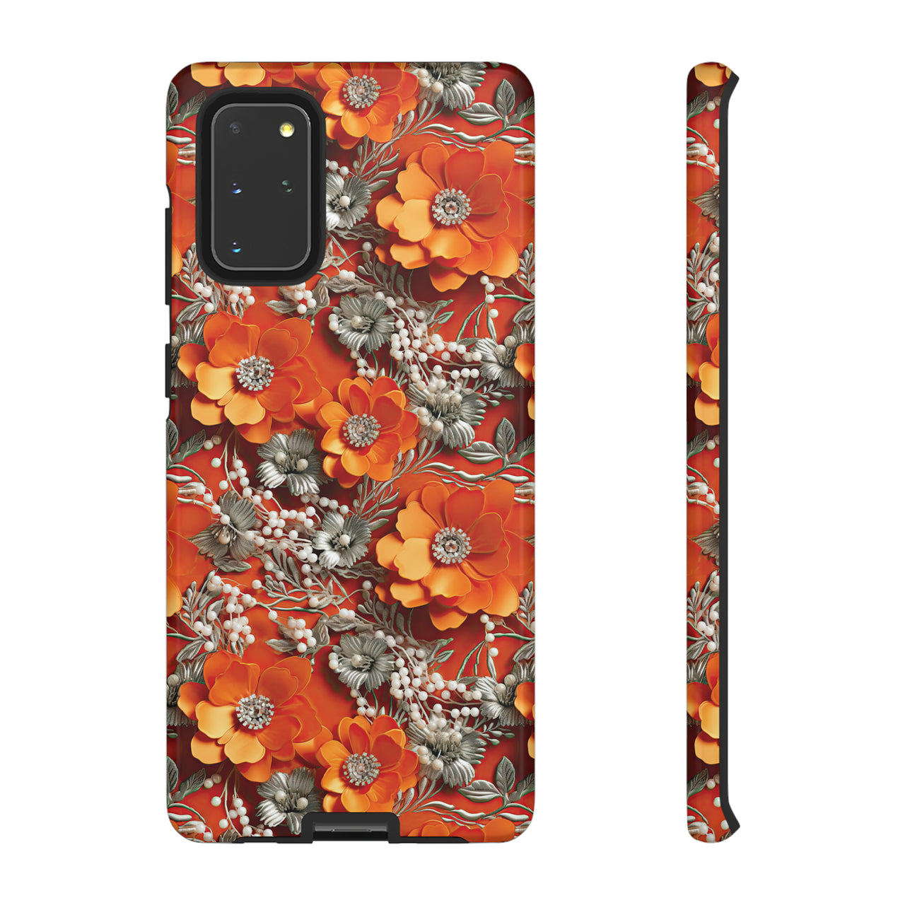 Orange Petals in Silver Tapestry Tough Case for Samsung Galaxy S20, Samsung Galaxy S20+, Samsung Galaxy S20 Ultra, and Samsung Galaxy S20 FE