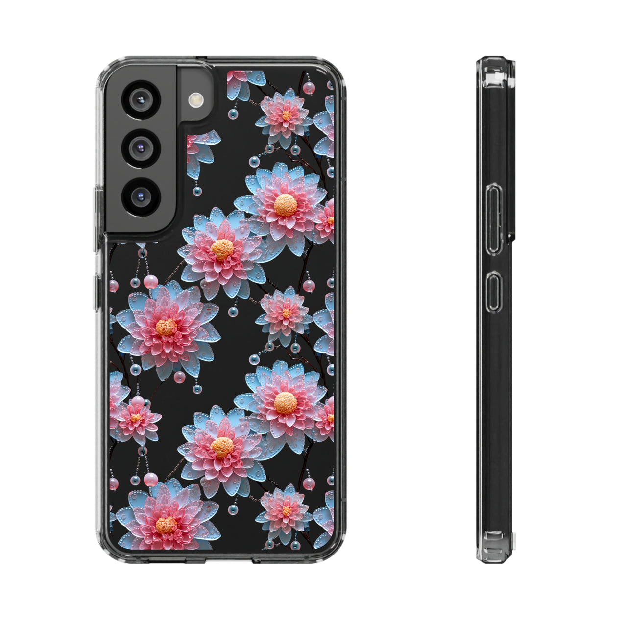 *Clear Case* Pink and Blue Glass Flowers - Samsung Galaxy S22, Samsung Galaxy S22 Plus, Samsung Galaxy S22 Ultra - Supports Wireless Charging