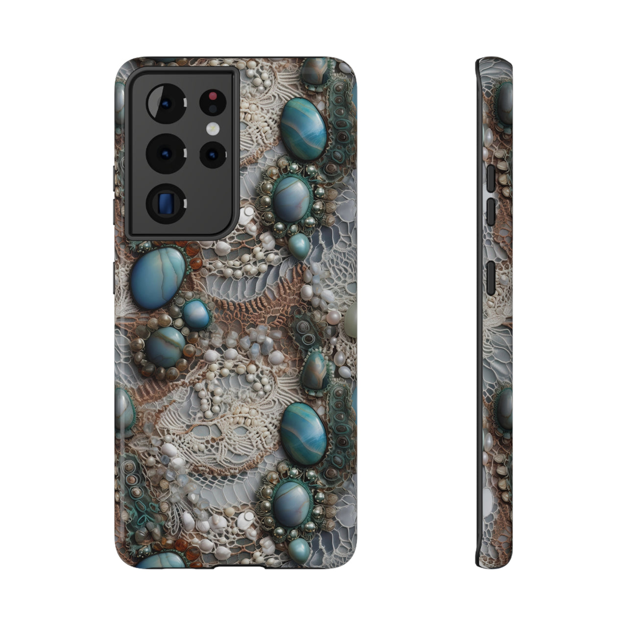 Boho Agate and Lace Impact-Resistant Cases for Samsung Galaxy S21, Samsung Galaxy S21 Plus, and Samsung Galaxy S21 Ultra. Supports Wireless Charging.