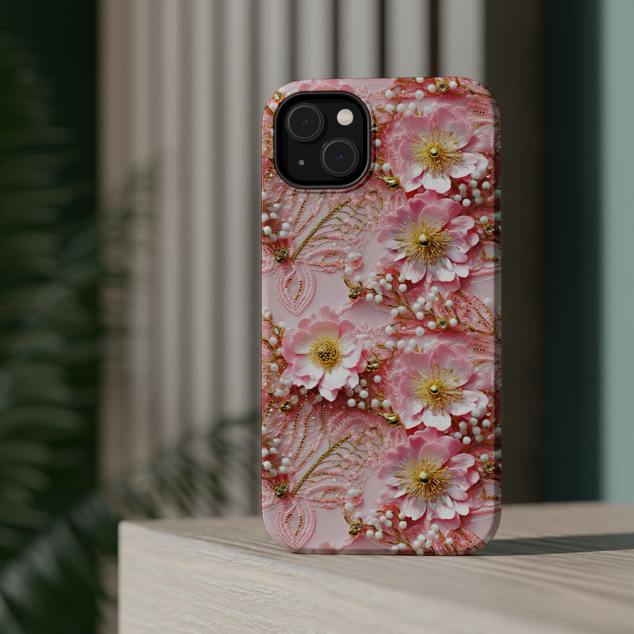 Gold-Kissed Flowers on Pink Lace - MagSafe Tough Case for iPhone 14, iPhone 14 Pro, iPhone 14 Plus, and iPhone 14 Pro Max