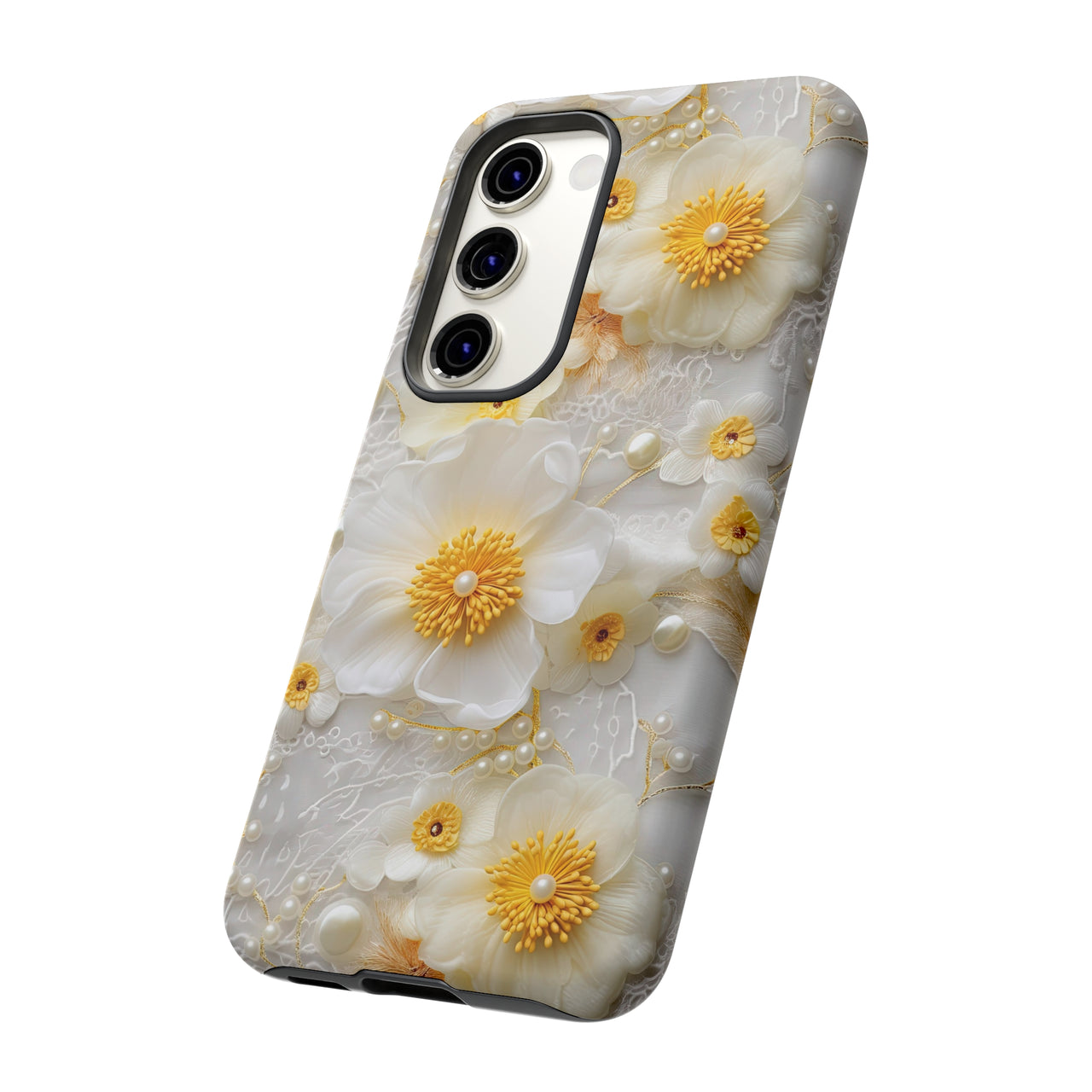 White and Yellow Floral Tough Cases for Samsung Galaxy S23, Samsung Galaxy S23 Plus, and Samsung Galaxy S23 Ultra