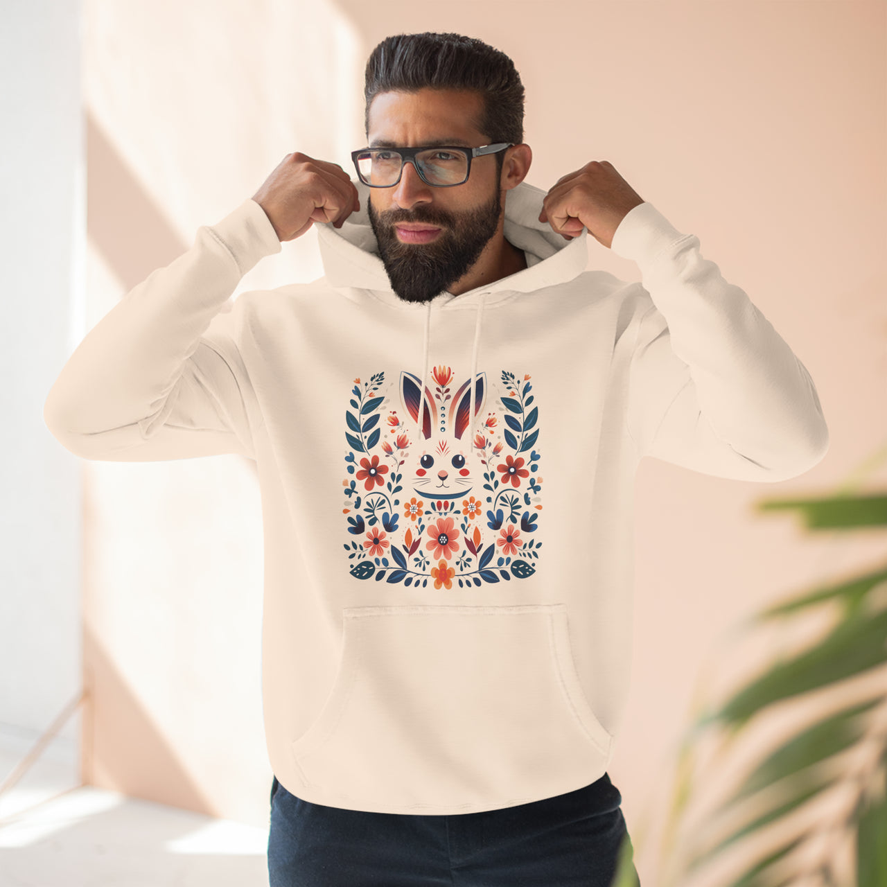 Folk Art Rabbit Three-Panel Fleece Hoodie